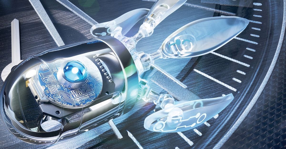 A futuristic robotic insect with transparent wings and a blue light, positioned atop a high-tech surface with circuit patterns.