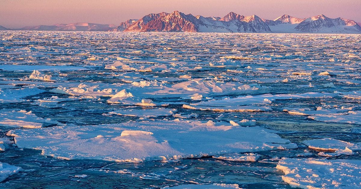 An ice floe with mountains in the background.