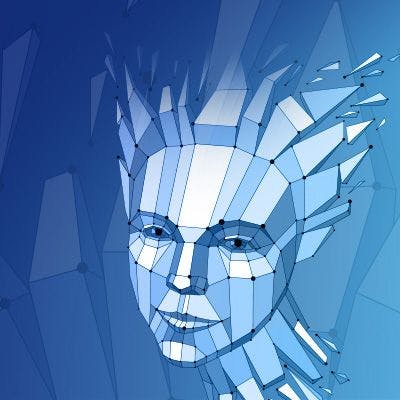 The head of a woman is made of polygons on a blue background.