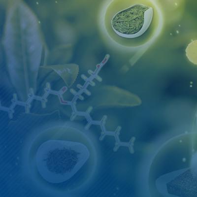 A futuristic graphic featuring tea leaves, molecular structures, and green tea elements, blending botanical and scientific themes.