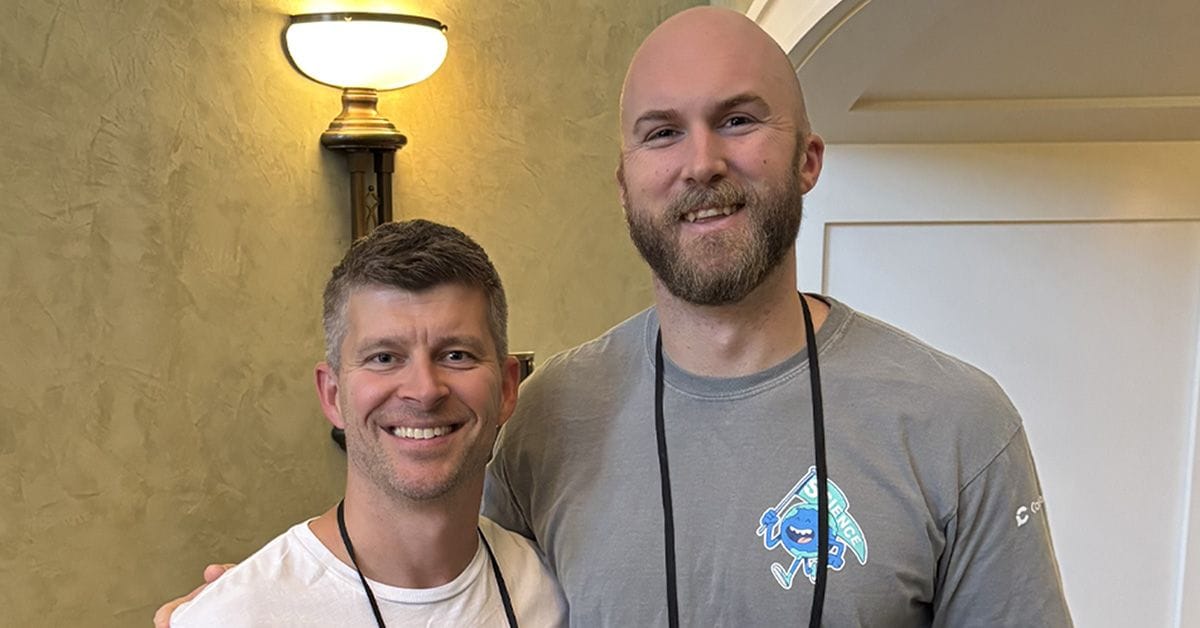 From left, Head of Innovation for ACS Ventures, Martin Majlund, and Co-Founder/CEO of Consensus, Eric Olson, meet at the 2025 Charleston Conference.