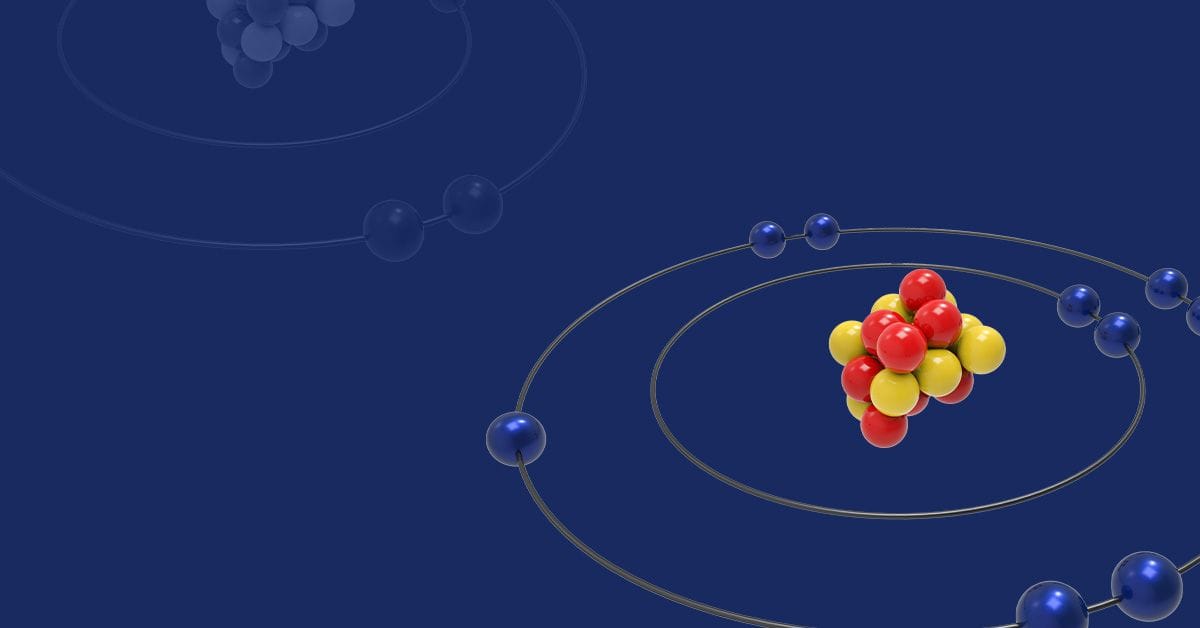 Illustration of an atom with red and yellow nucleus and blue electrons orbiting on a dark blue background.