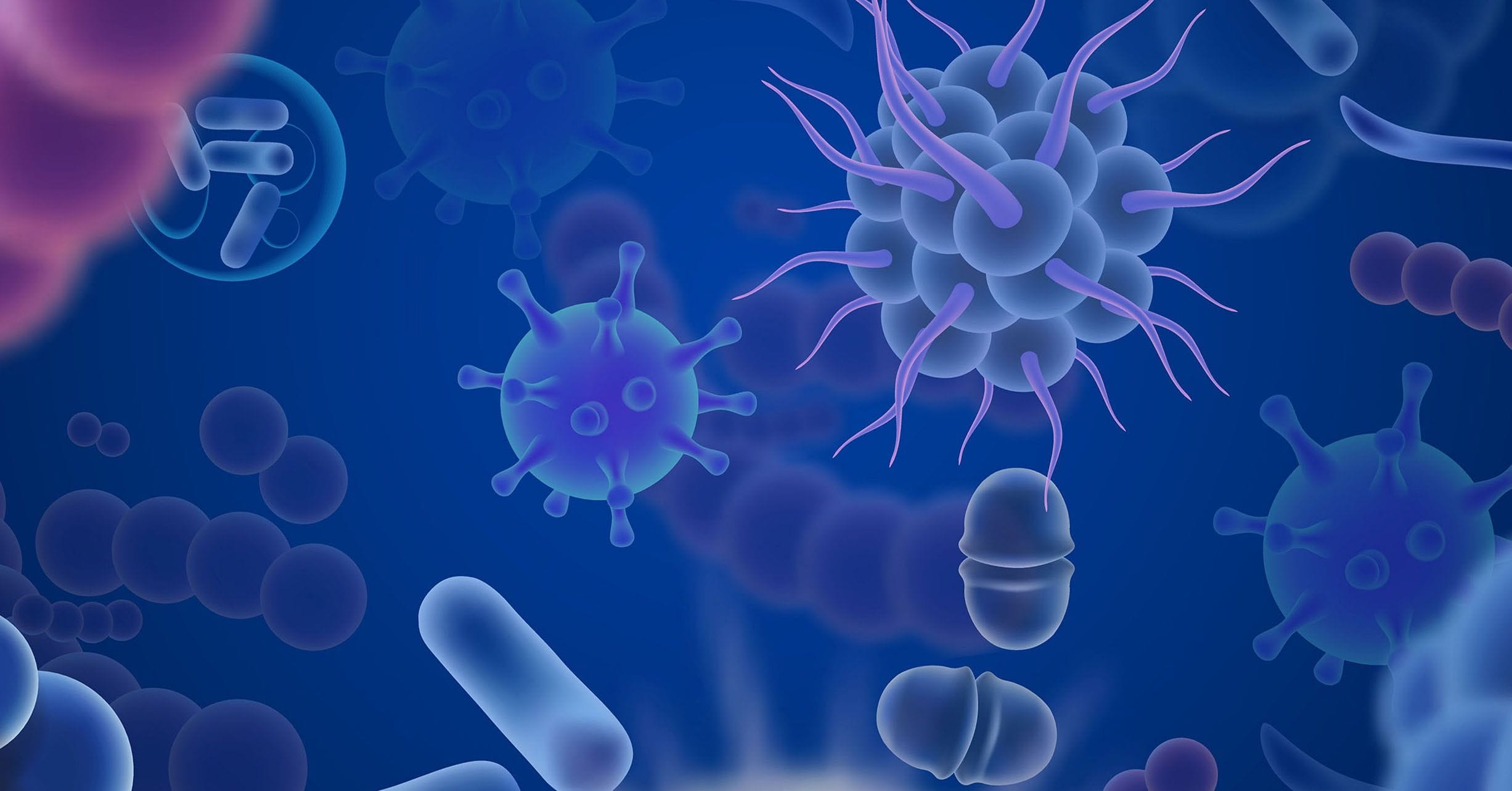 Illustration of various microscopic organisms and particles, including spherical and rod-shaped forms, floating against a blue background