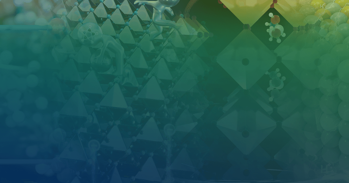 Abstract digital art featuring a gradient of green to blue, with triangular shapes and molecular structures interspersed throughout.