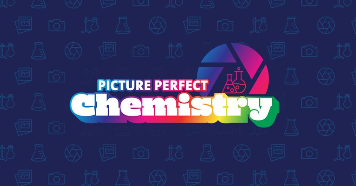 Logo featuring the text "Picture Perfect Chemistry" in colorful font, with a camera aperture and chemistry flask icon on a dark blue background.