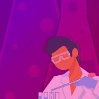 A scientist in a lab with a test tube.