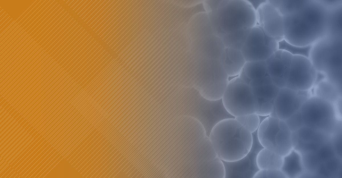 Abstract background featuring a gradient from orange to blue with a textured overlay and spherical blue patterns on the right side.