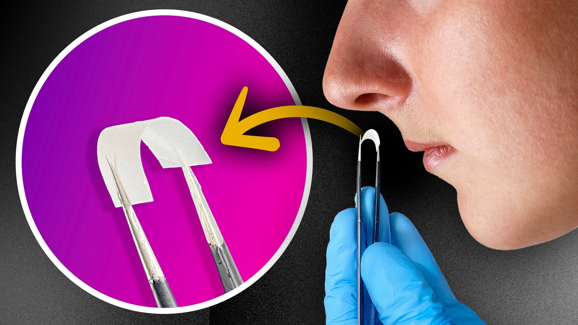 A Close‑up photo of a person holding a small white nasal patch with tweezers next to their nose, with an inset showing the patch design.