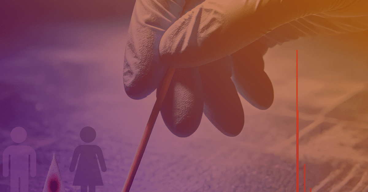 A gloved hand holds a testing swab above a surface, with gender symbols faintly visible in the background against a colorful gradient.