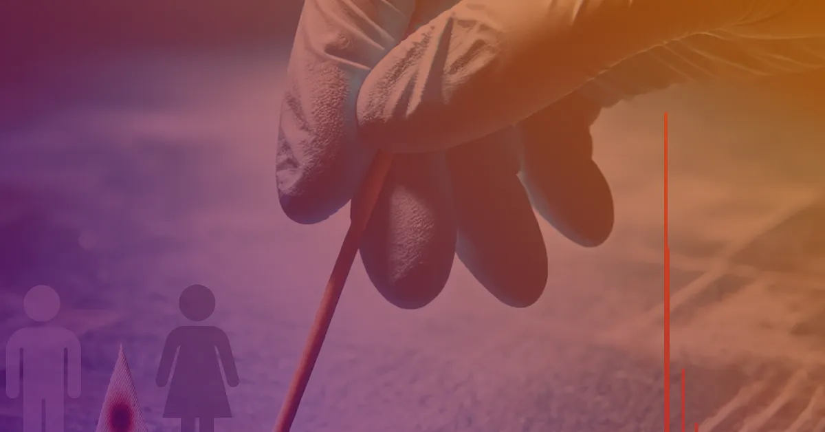 A gloved hand holds a testing swab above a surface, with gender symbols faintly visible in the background against a colorful gradient.