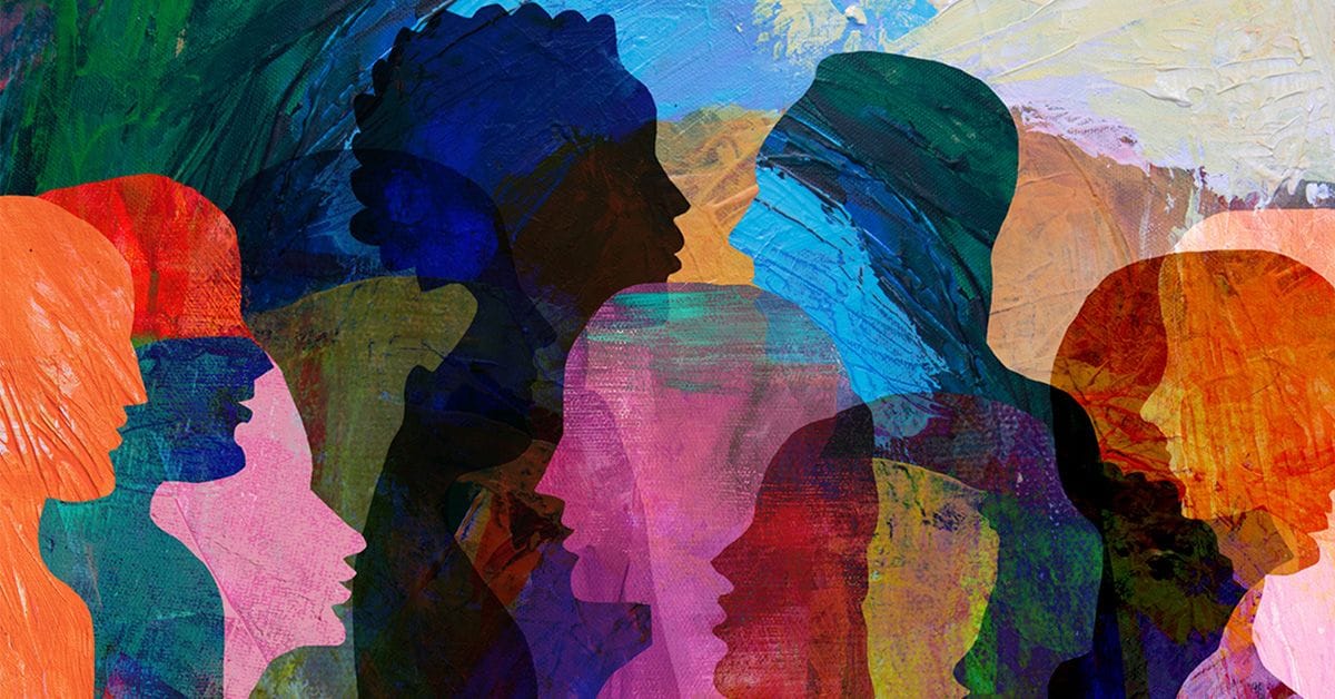 Abstract illustration of overlapping human silhouettes in different colors and textures, symbolizing diversity, multiple perspectives, and collective voices.