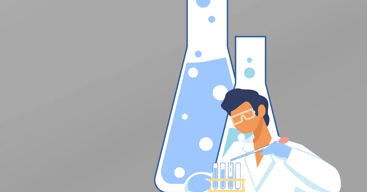 Flat-style graphic of a scientist in a white lab coat and protective eyewear dispensing liquid into a row of test tubes, set against two blue-filled laboratory flasks on a gray background.
