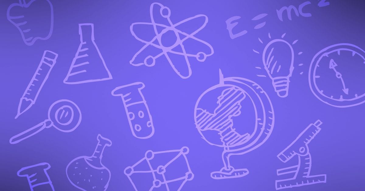 Doodle-style science icons—such as a globe, atom, lightbulb, microscope, and laboratory glassware—scattered across a purple background.