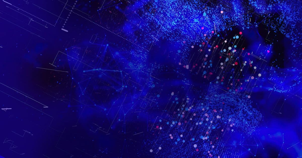 A digital abstract image featuring a chaotic arrangement of blue, red, and white dots and lines on a dark blue background, resembling data or a cosmic scene.