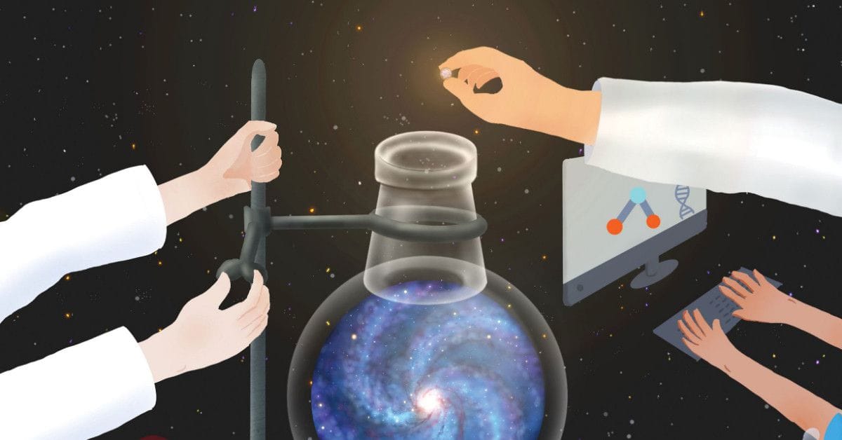 Stylized artwork showing laboratory researchers handling equipment around a large flask filled with a swirling galaxy, with scientific and computational elements in the background.