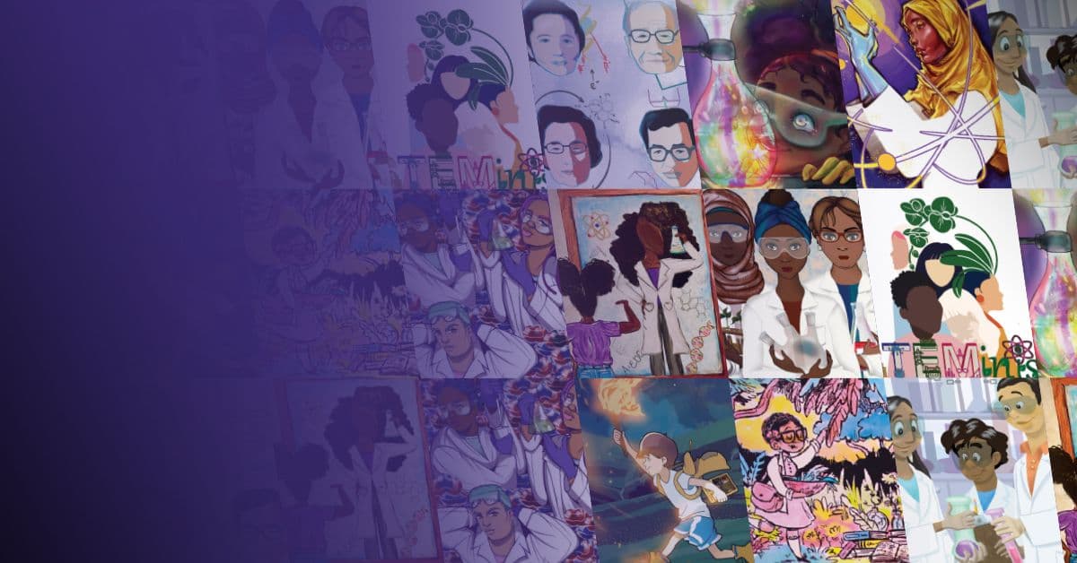 A collage of various colorful illustrations featuring diverse characters engaged in different scientific and educational activities.
