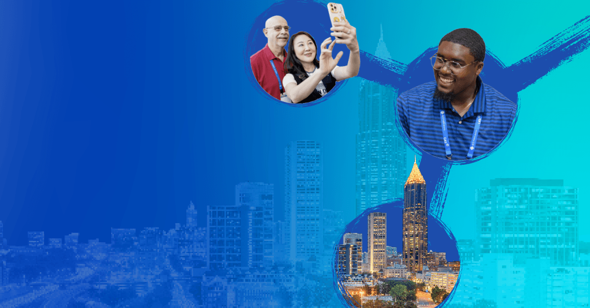 A modern composite graphic showing individuals in circular frames connected across a blue gradient backdrop, with an urban skyline below, suggesting networking, collaboration, or community.