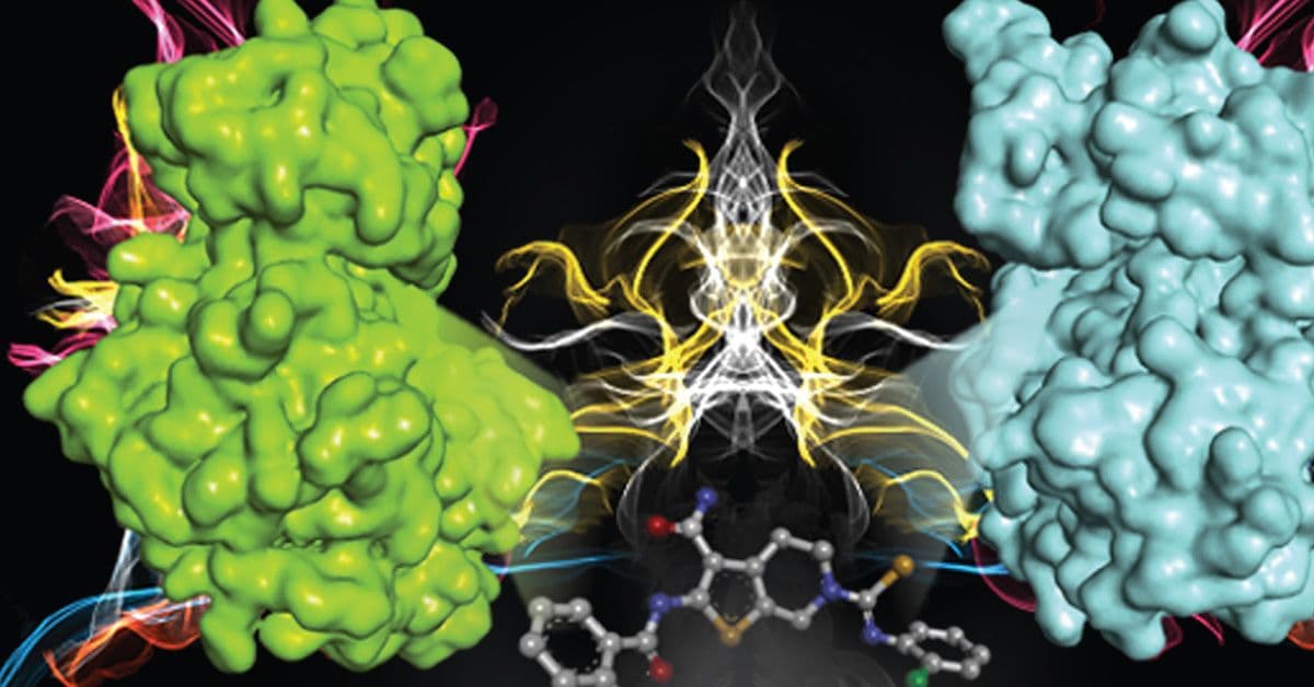 A 3d image of a green, blue, and yellow molecule.