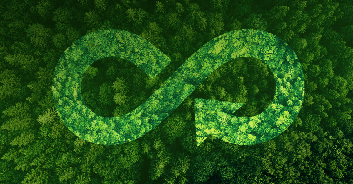 An aerial view of a lush green forest with an overlapping infinity symbol, symbolizing sustainability and ecological harmony.