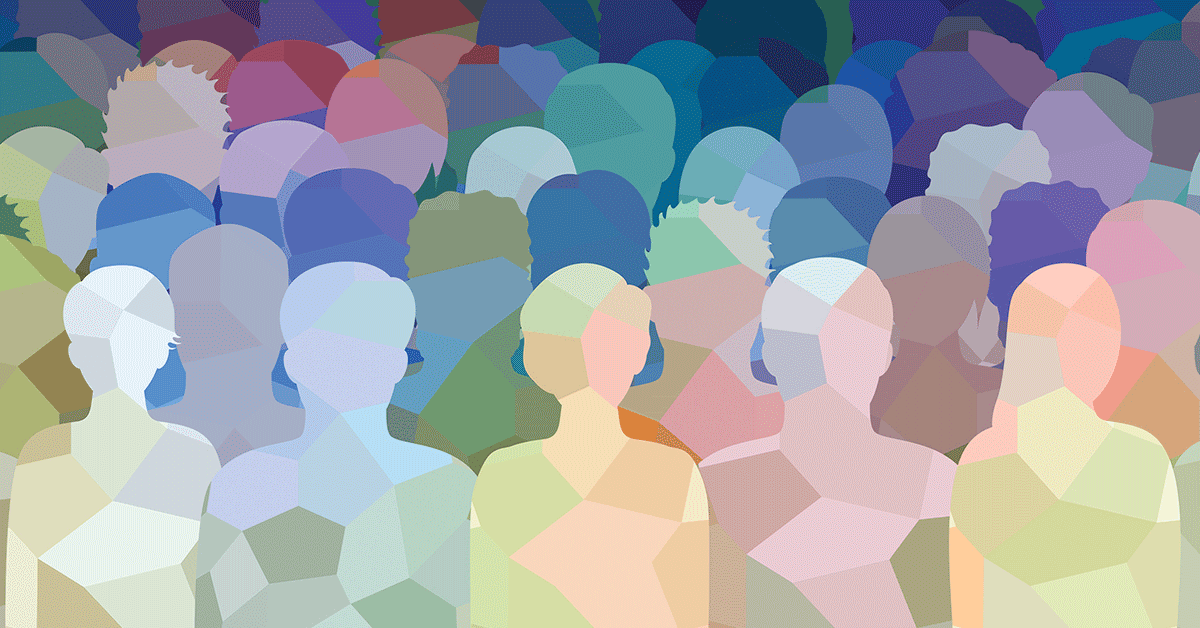 Abstract illustration of a diverse crowd of people represented by overlapping multicolored silhouettes in shades of blue, green, pink, and purple.
