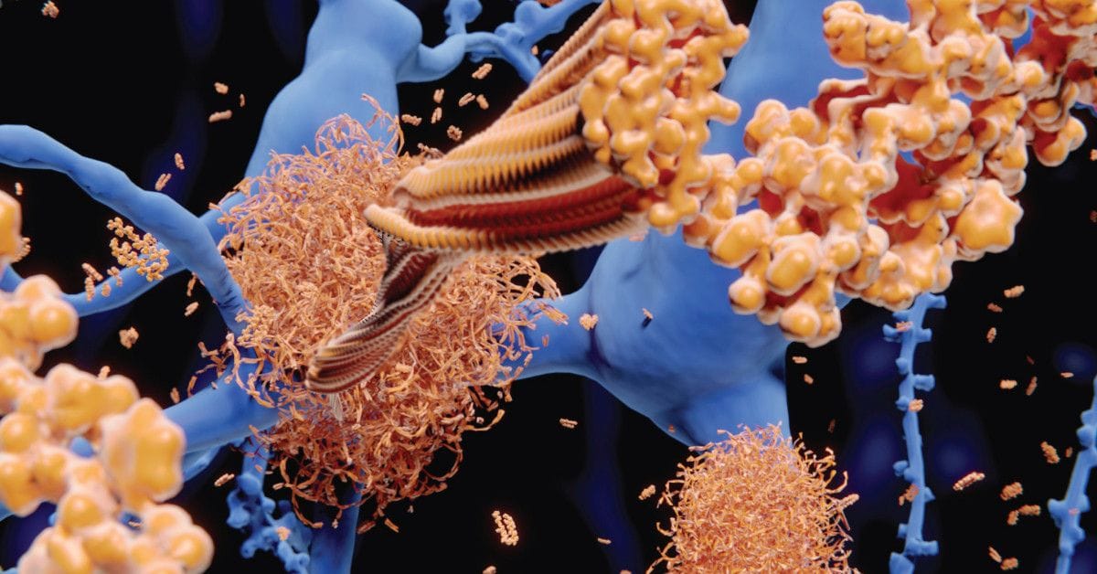 Close-up of colorful, abstract molecular structures in a neural network, depicting various proteins interacting within a cell.