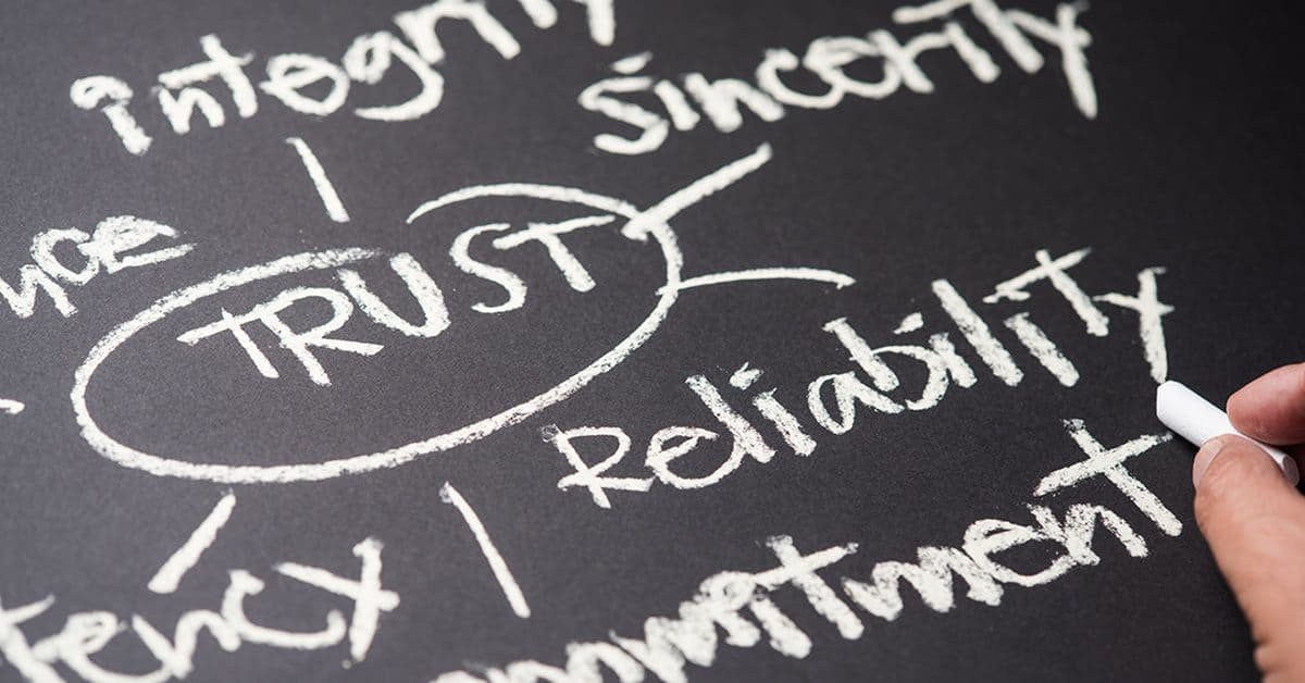 A hand writing keywords related to trust, including integrity, sincerity, reliability, and commitment, on a dark chalkboard.