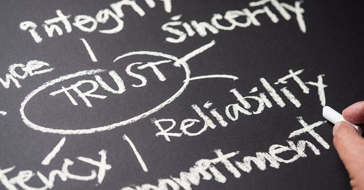 A hand writing keywords related to trust, including integrity, sincerity, reliability, and commitment, on a dark chalkboard.