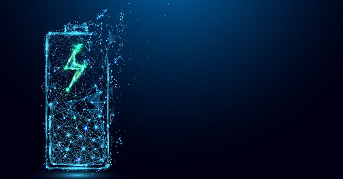 A digital battery icon composed of glowing blue and green lines and dots, emitting sparks against a dark background.