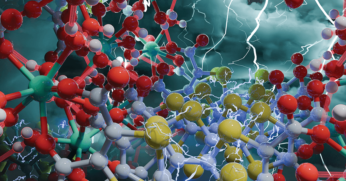Illustration of a complex crystalline molecular structure with red, yellow, green, and gray atoms and lightning bolts crossing a dark teal stormy sky.