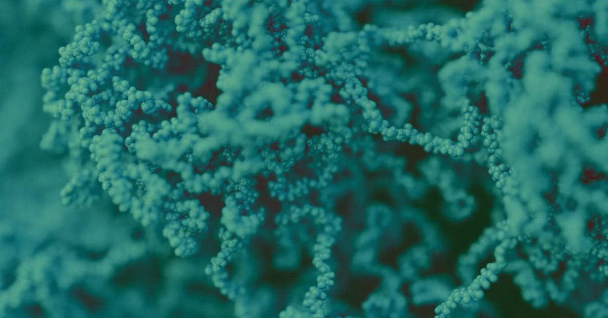 Close-up of textured, teal-hued biomolecules, featuring intricate, spiraling formations and small, round structures.