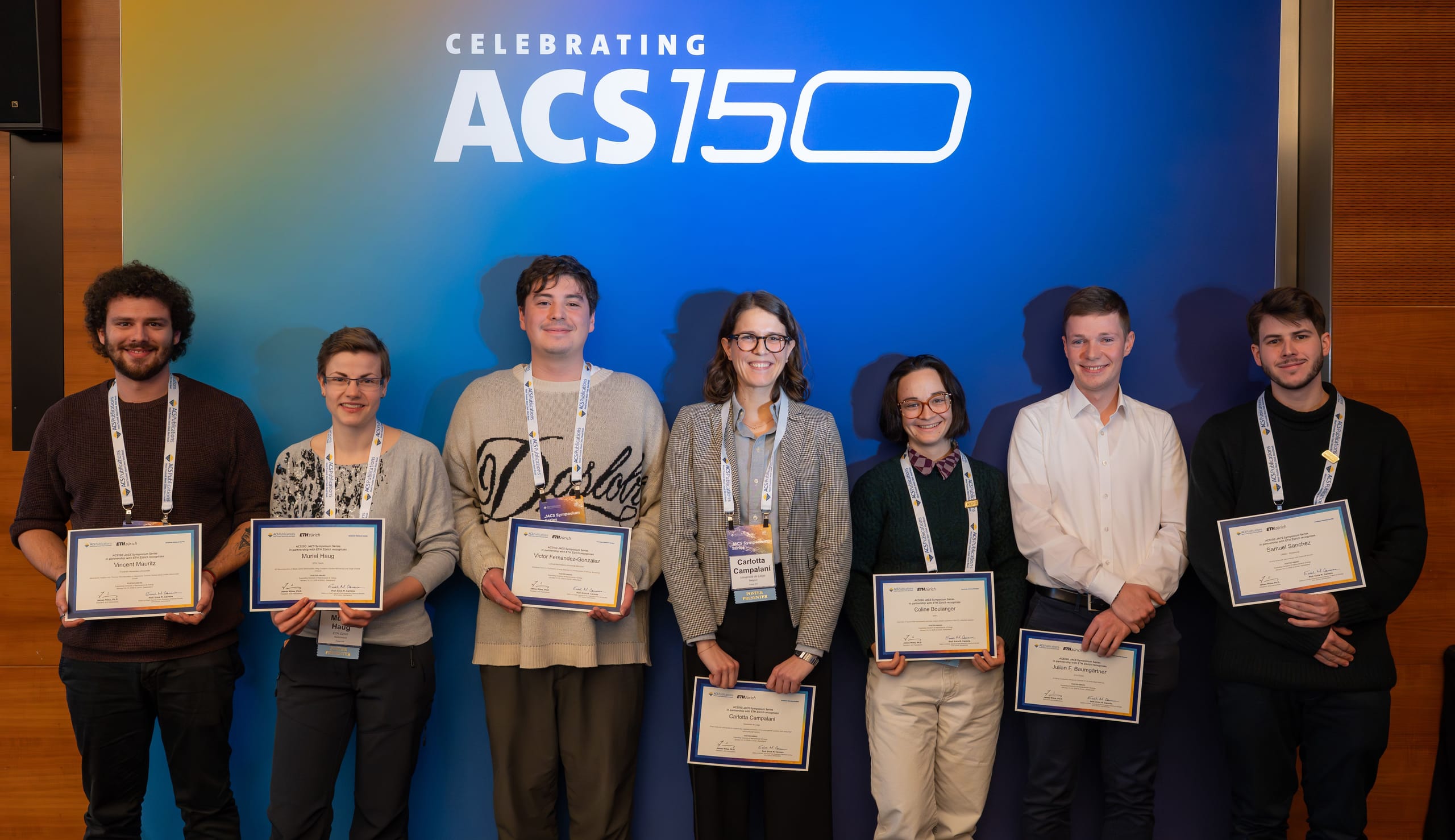 Poster prize winners, ACS150 JACS Symposium, ETH Zürich. L-R: Vincent Mauritz, Muriel Haug, Victor Fernandez-Gonzalez, Carlotta Campalani, Coline Boulanger, Julian F. Baumgärtner, Samuel Sanchez.