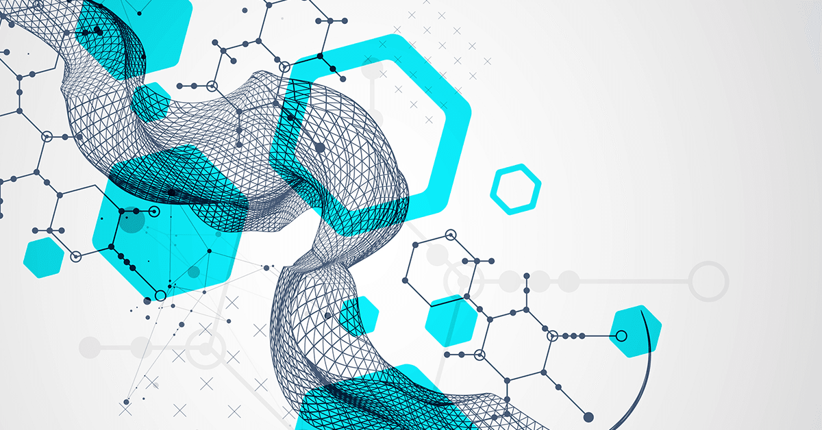 Curved 3D wireframe form overlaid with molecular structures and teal hexagon graphics on a light background.