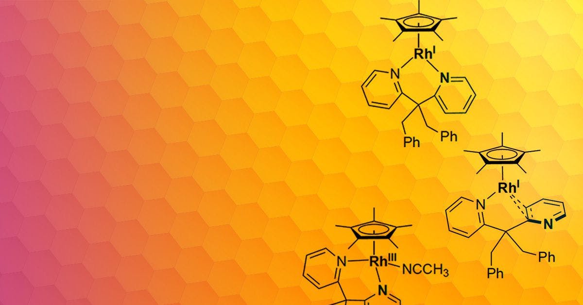 The structure of a molecule on a yellow and orange background.