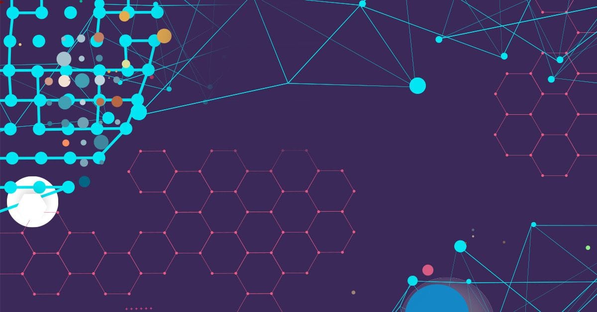 Abstract dark purple background with blue and pink geometric hexagons, dots, and connecting lines forming a network-like pattern.
