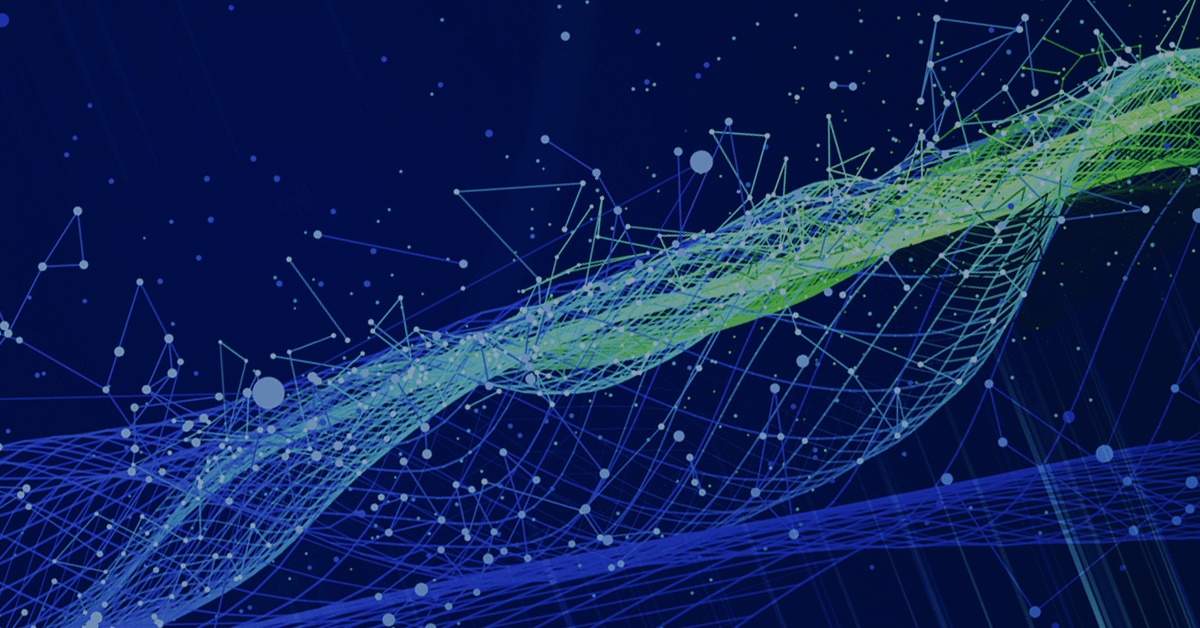 Abstract digital visualization of interconnected lines and nodes in green and blue on a dark background.