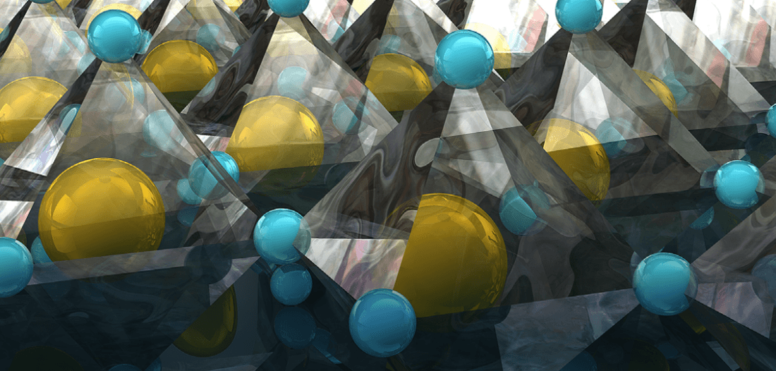Abstract geometric pattern with large yellow spheres surrounded by smaller blue spheres, interconnected by translucent triangular planes.