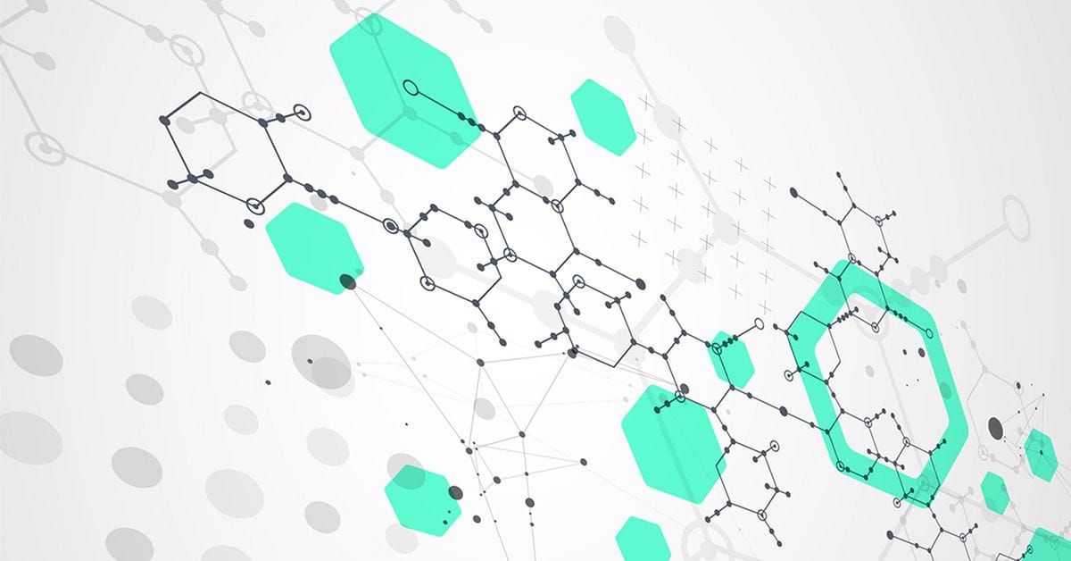 Abstract illustration showing connected molecular diagrams, nodes, and teal hexagonal shapes arranged across a light gray background.