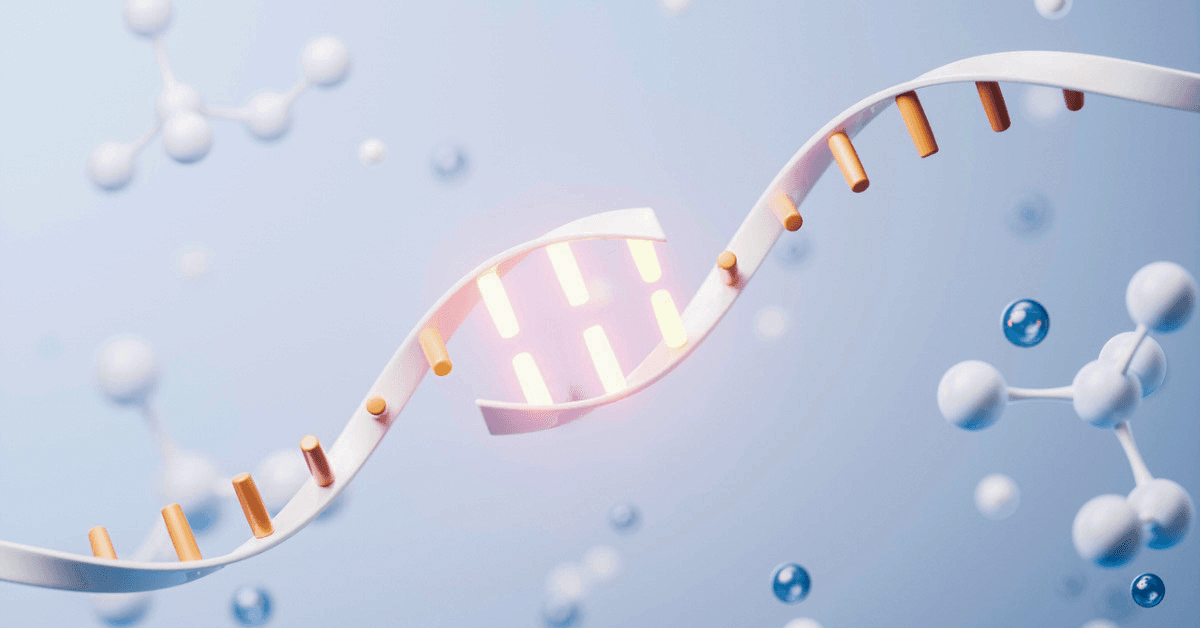 A 3D illustration of an RNA strand with glowing base pairs, surrounded by molecular structures on a light blue background.