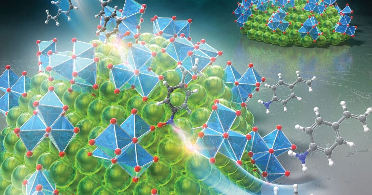 An abstract illustration depicting clusters of colorful molecular structures, including green spheres and blue tetrahedra.