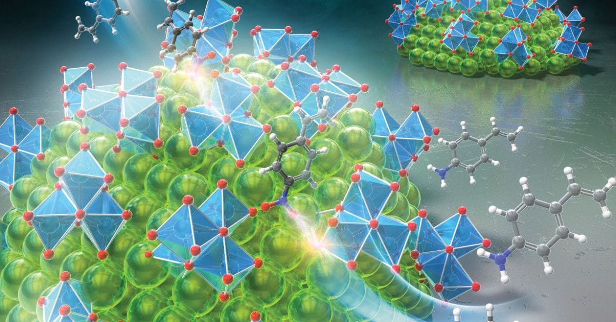 An abstract illustration depicting clusters of colorful molecular structures, including green spheres and blue tetrahedra.