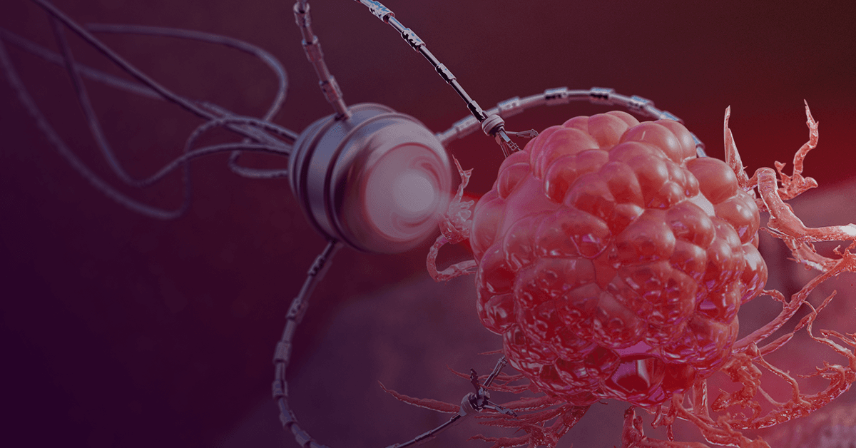 A close-up of a stylized red cell with glowing filaments, linked to a circular device, symbolizing advanced biotechnology or nanomedicine.