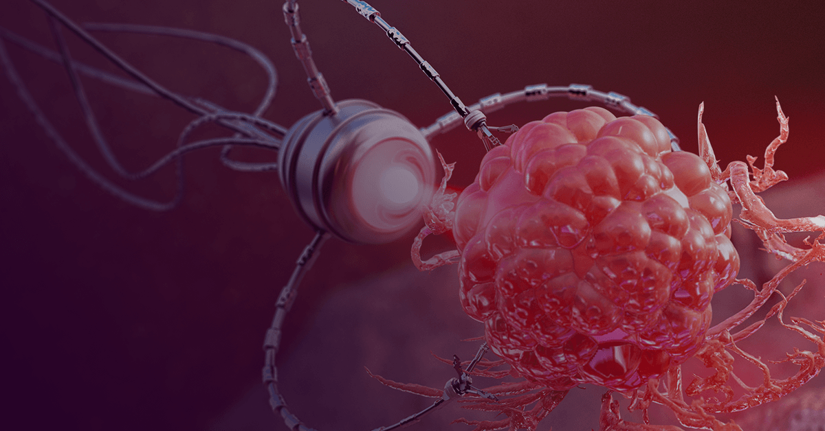 A close-up of a stylized red cell with glowing filaments, linked to a circular device, symbolizing advanced biotechnology or nanomedicine.