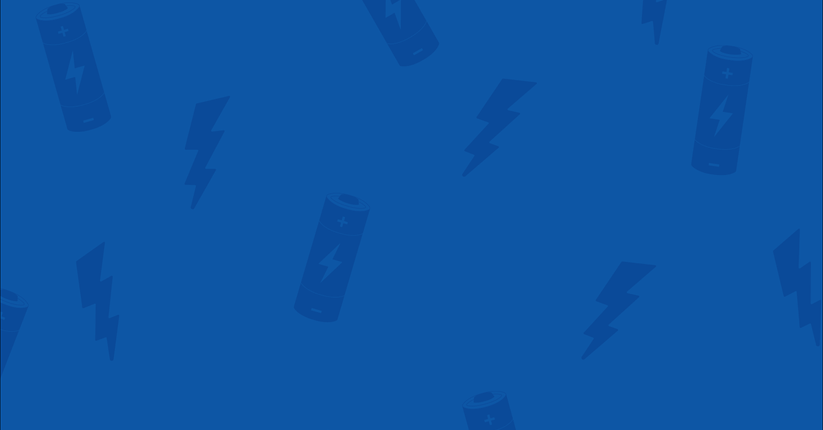 Blue seamless pattern with stylized batteries and lightning bolts.
