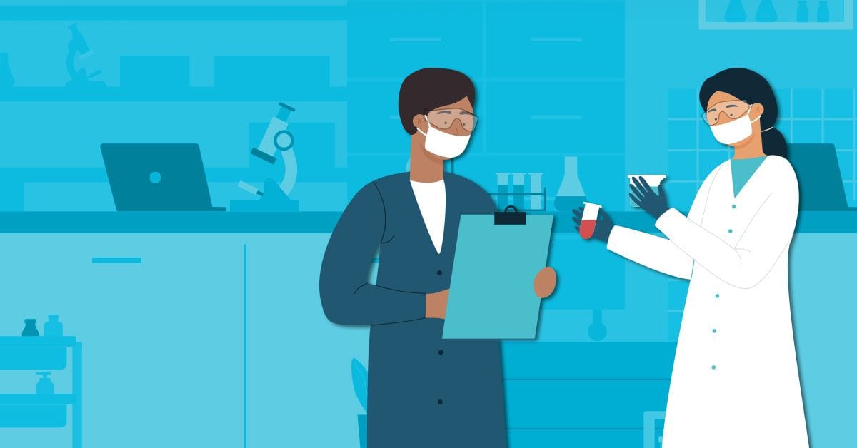Two scientists in a laboratory, each wearing face masks and lab coats. One holds a clipboard, and the other holds a test tube. Various lab equipment, including a microscope, is visible in the background.