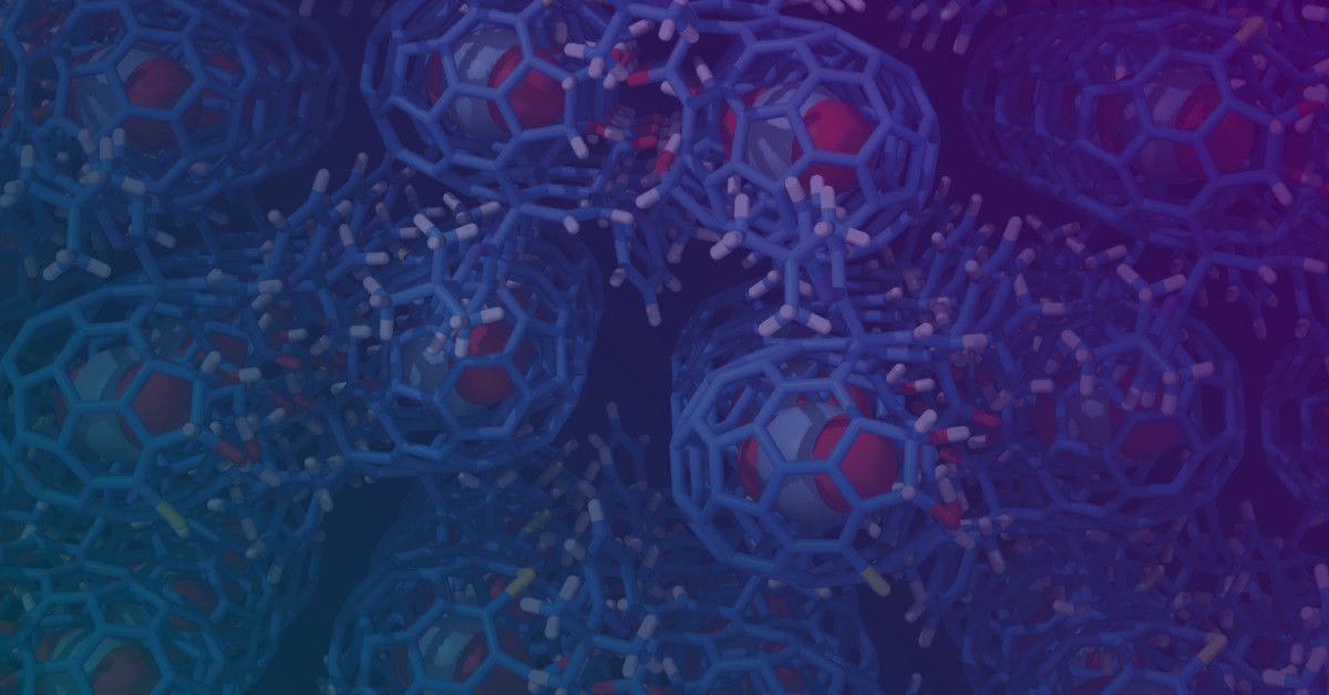 Abstract molecular structures with blue hexagonal frameworks and red spheres, interconnected by white and yellow bonds, set against a gradient background.