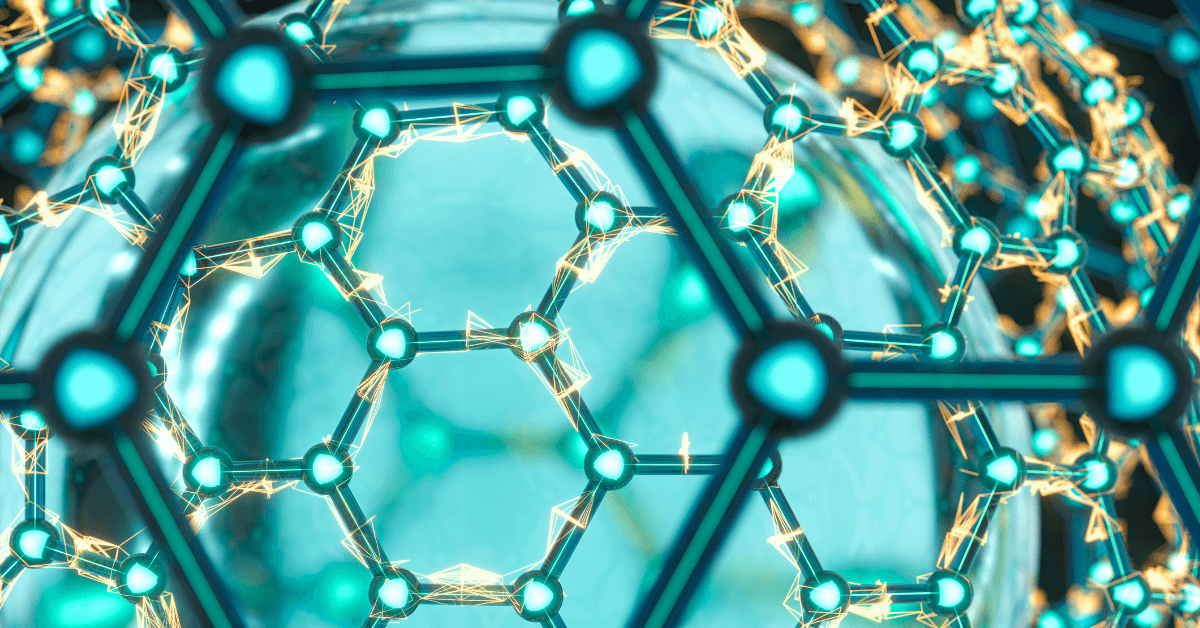 Conceptual 3D rendering of nanotechnology, showing a spherical molecular lattice of interconnected teal atoms in a honeycomb pattern with luminous orange filaments against a soft aqua background.