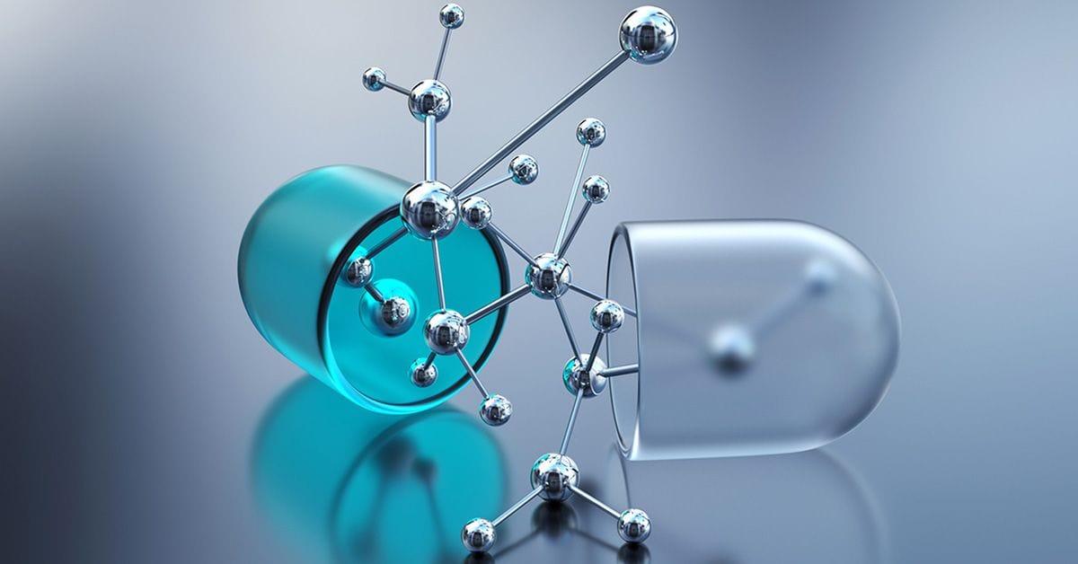 A futuristic digital rendering of an open, transparent teal and clear pill capsule with a silvery chemical molecule emerging from within.