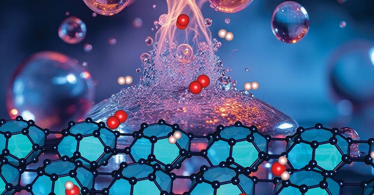 a close-up of a liquid boiling with glowing orange and blue hues, with droplets suspended in mid-air. Overlaid on this scene is a molecular structure diagram in blue and black, resembling a porous material or catalyst, with red and white molecular representations of gases such as oxygen and hydrogen.