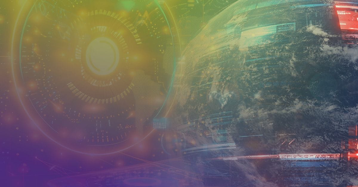 A digitally rendered image showing a high-tech, futuristic interface with bright colors overlaying a partially visible planet Earth.