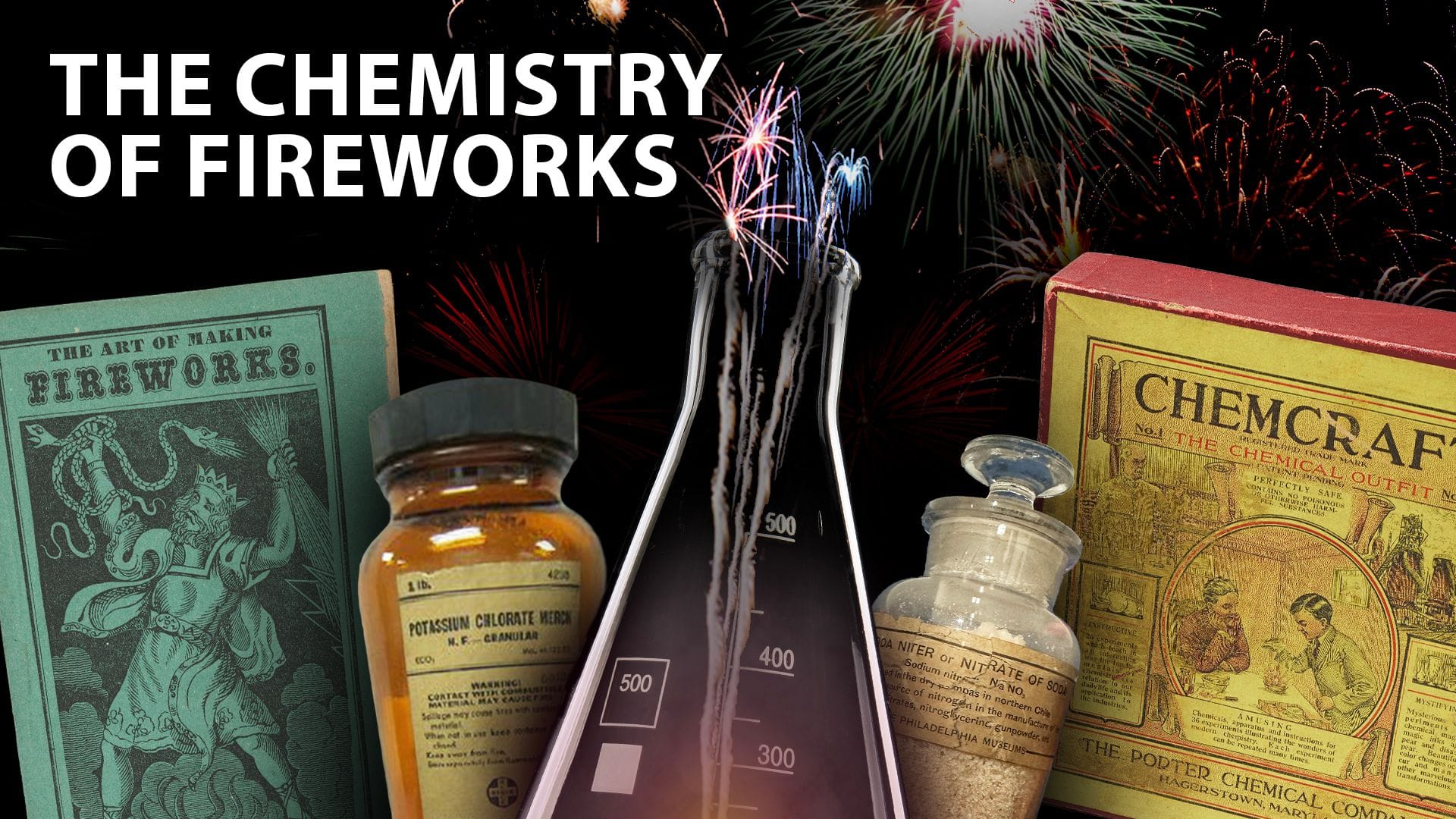 Fireworks bursting in the background with an Erlenmeyer flask, chemical jar, and vintage books about fireworks and chemistry, alongside the title “The Chemistry of Fireworks.”